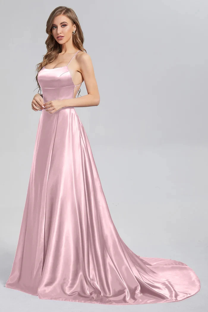 BABYONLINE Prom Dress Satin A-line Gown with Strappy Lace Up Back and High Skirt Slit Floor Length Wedding Bridesmaid Dresses