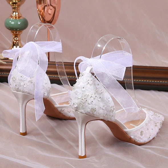 French Beaded Hollow Sandals Women's White Lace Strap Pointed High Heel Main Wedding Shoes