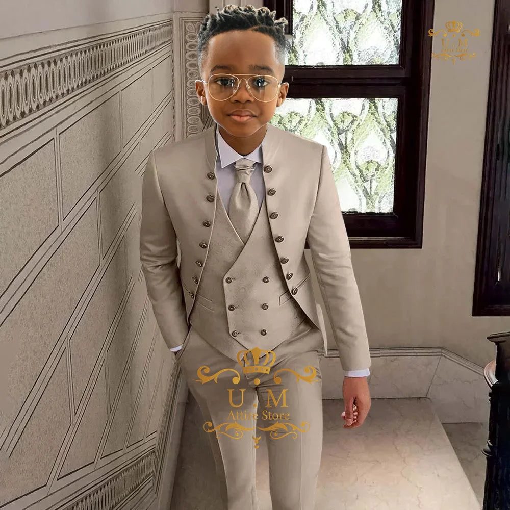 khaki boy's suit 3-piece set in khaki full open top jacket vest pants custom tuxedo for children wedding birthday cocktail party