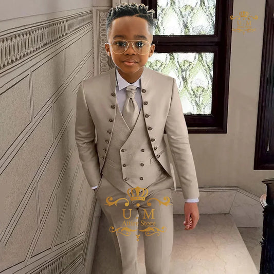 khaki boy's suit 3-piece set in khaki full open top jacket vest pants custom tuxedo for children wedding birthday cocktail party