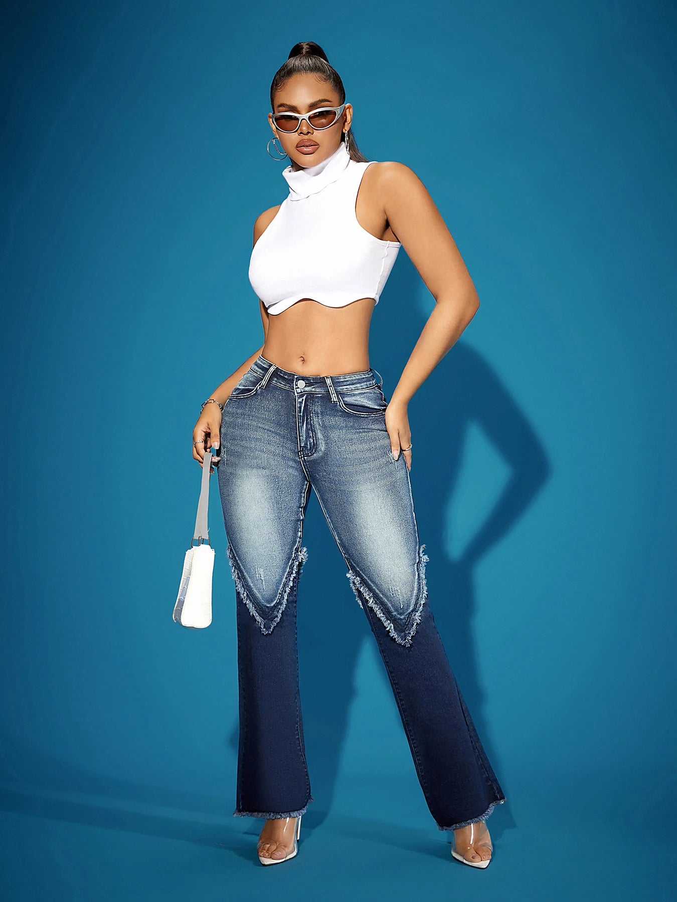 2025 women's denim patchwork washed worn-out hem retro high waisted seasonal casual streetwear hot selling