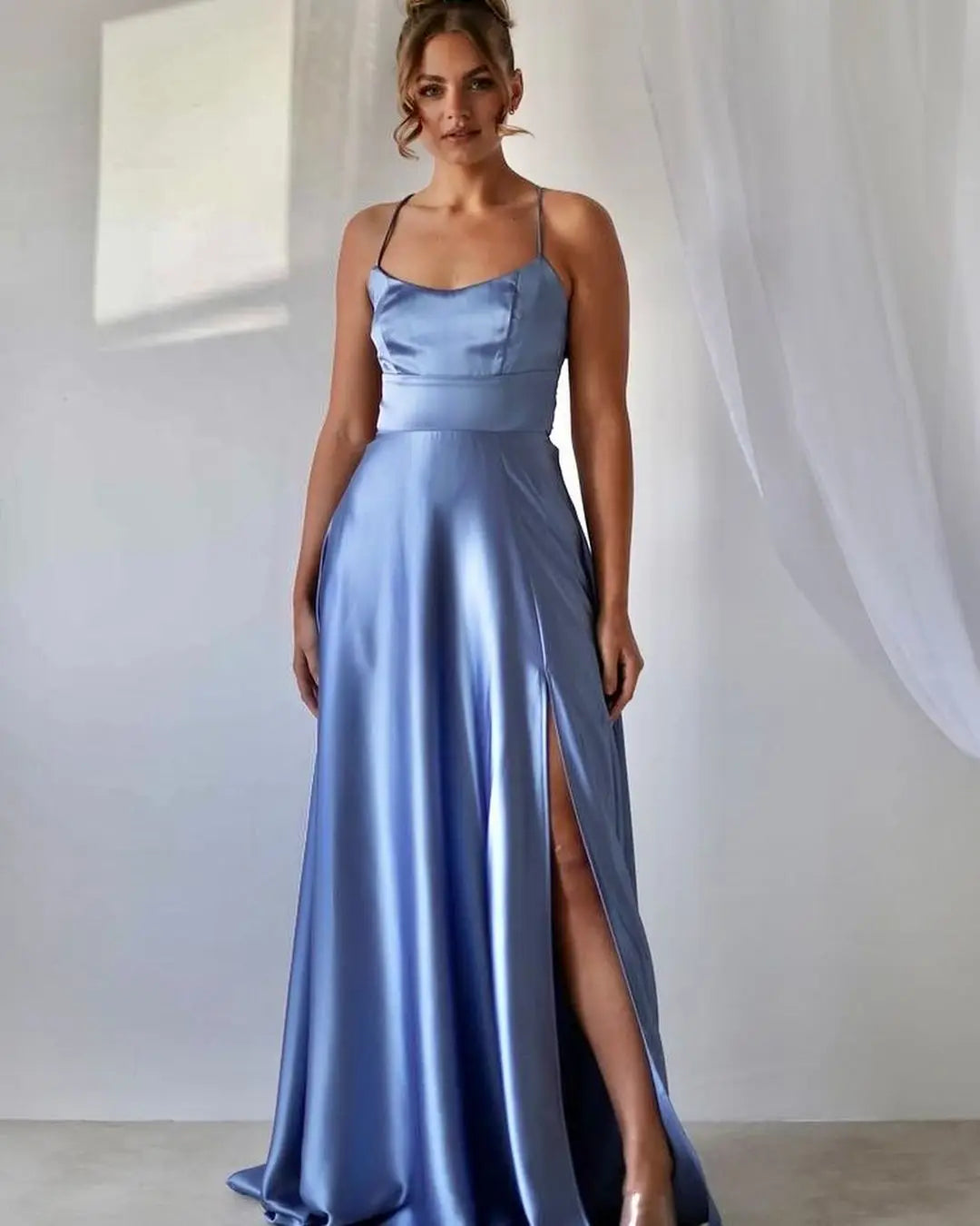 BABYONLINE Prom Dress Satin A-line Gown with Strappy Lace Up Back and High Skirt Slit Floor Length Wedding Bridesmaid Dresses