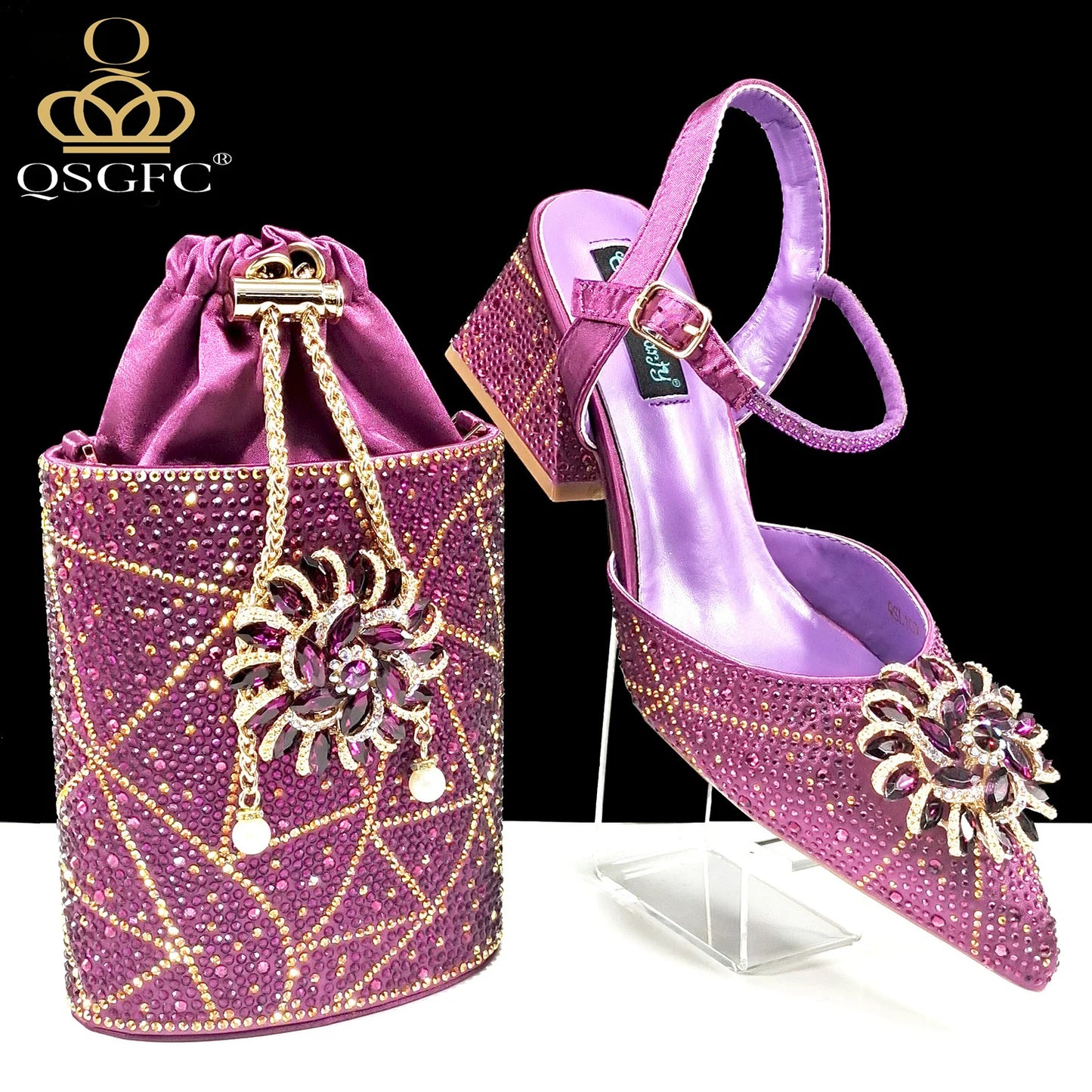 QSGFC Fashion Design High-end Women's Shoes with Diamond Oval Stand Bag Women's High Heels for Special Day or Work