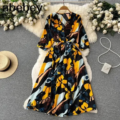 Summer Holiday Floral Beach Wrap Dress Women V Neck Short Sleeves Chic A Line Dress Bohemian Vintage Print Long Dress