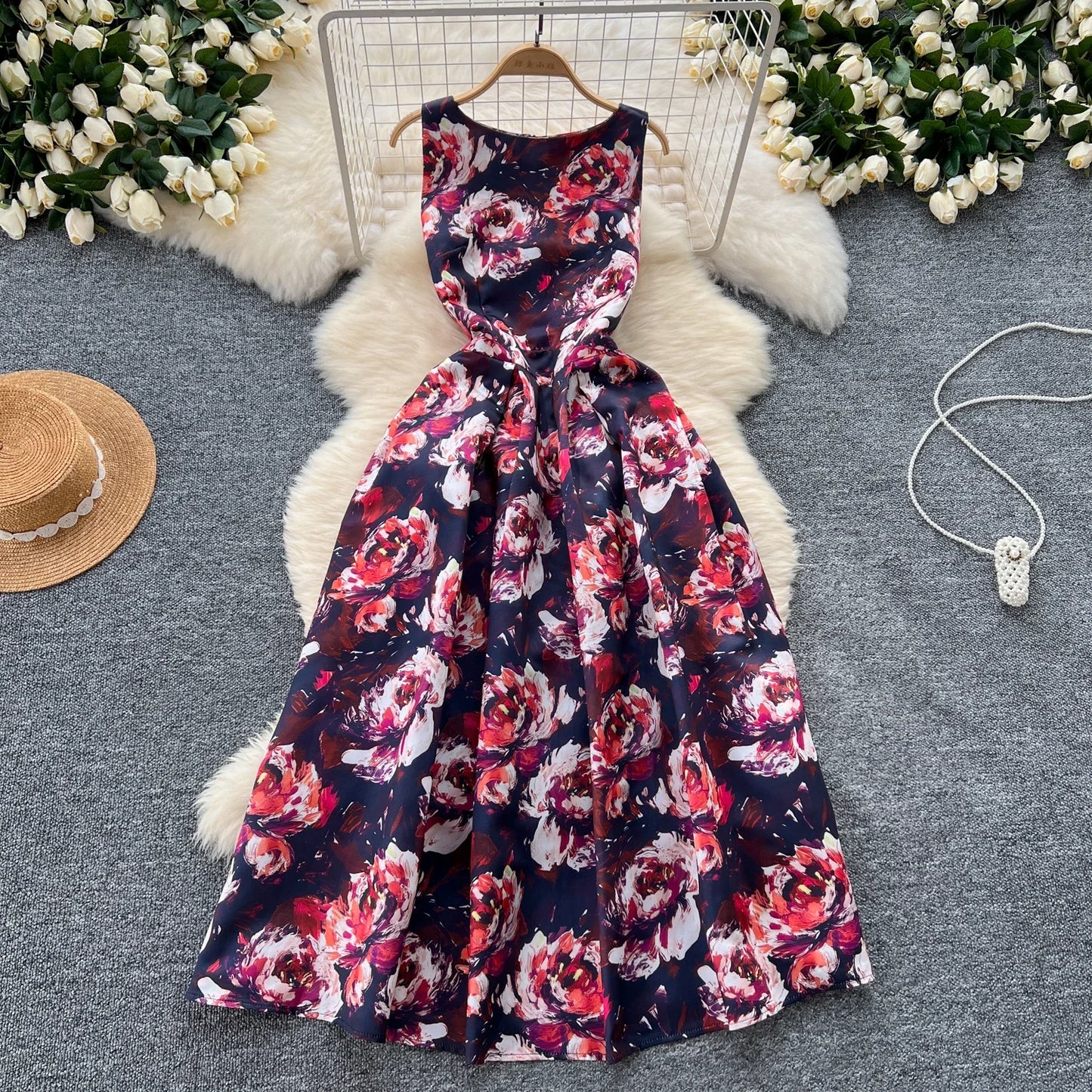 French Fashion Print O-neck Pleated Sleeveless A-line Ball Gown Dress Women Summer Vintage Elegant Puff Graduation Party Dresses