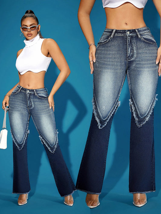 2025 women's denim patchwork washed worn-out hem retro high waisted seasonal casual streetwear hot selling