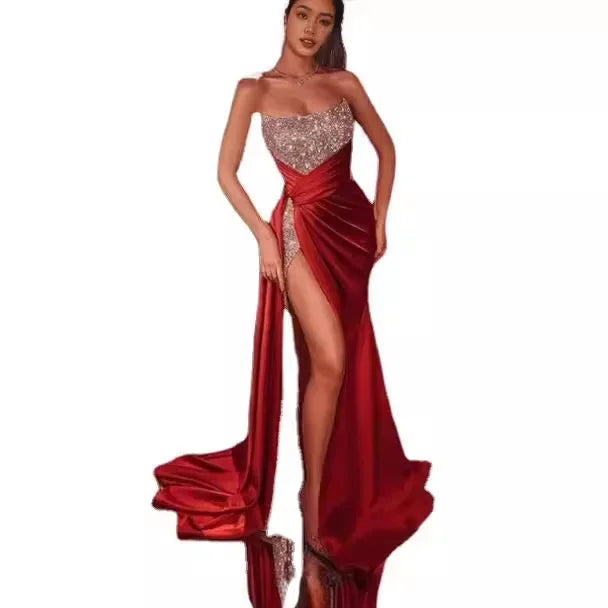 2024 Women's Sexy Off-The-Shoulder Strapless Long Dress Shiny Side Slit Evening Dress European And American Style