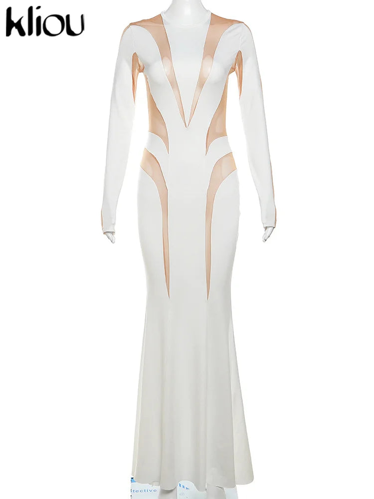 kliou Autumn Women Milk Silk Patchwork Maxi Dress Long Sleeve Round-Neck Skinny Robe Female Elegant New Classic Evening Vestido