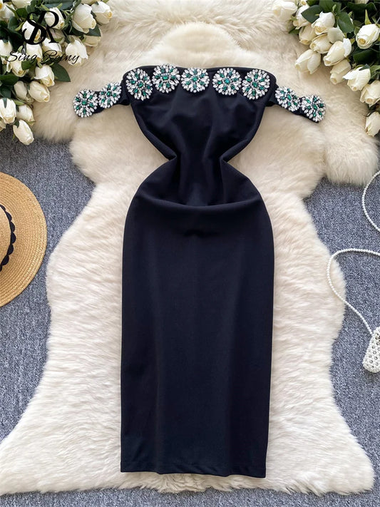 SINGREINY French Senior Evening Dress Women Diamonds Off The Shoulder Hotsweet Chic Fashion Elegant Skinny Split Midi Sundress