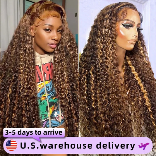 30 40 Inch blonde highlight wig human hair Deep Wave 13X6 Hd glueless Lace Frontal Colored Wig 250 Density curly human hair wig