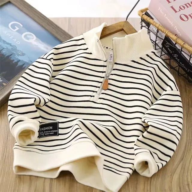 Children Stripes T-shirt Autumn Girls Pullover Tees Big Kids Clothing Lapel Zipper Tops Boys Sportswear Long Sleeved T-shirts