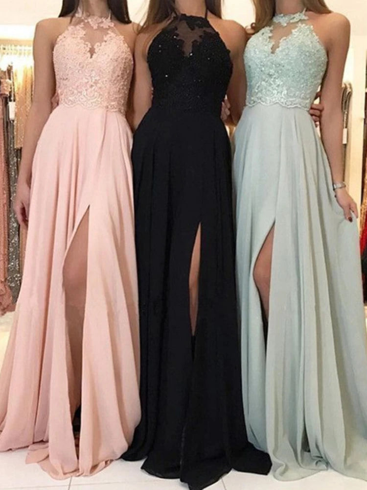 Dress Women Wedding Sexy Halter Lace Floral Sleeveless High Waist Evening Long Dresses Gown Vestidos Slim Fit Elegant 2024