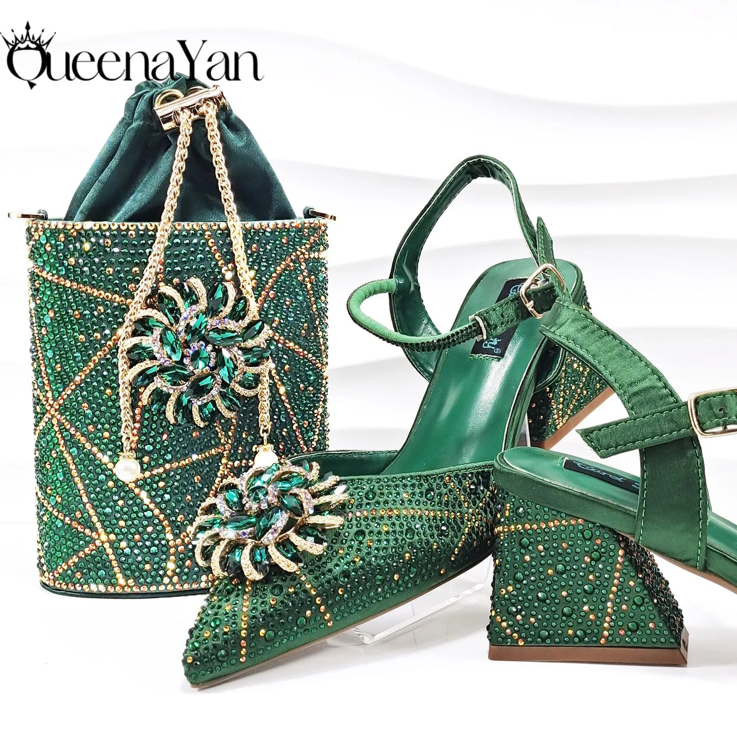 QSGFC Fashion Design High-end Women's Shoes with Diamond Oval Stand Bag Women's High Heels for Special Day or Work