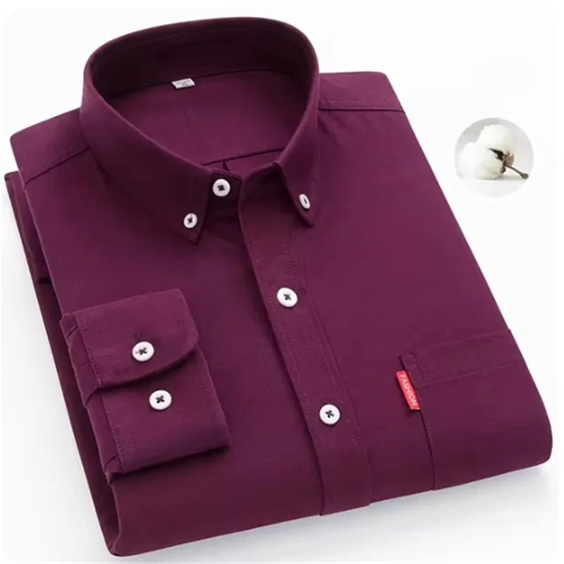 Men's Oxford Long Sleeve Shirts 100% Cotton Solid Color Turn Down Collar Regular Fit Daily Men Clothing Button-down Shirts 5XL