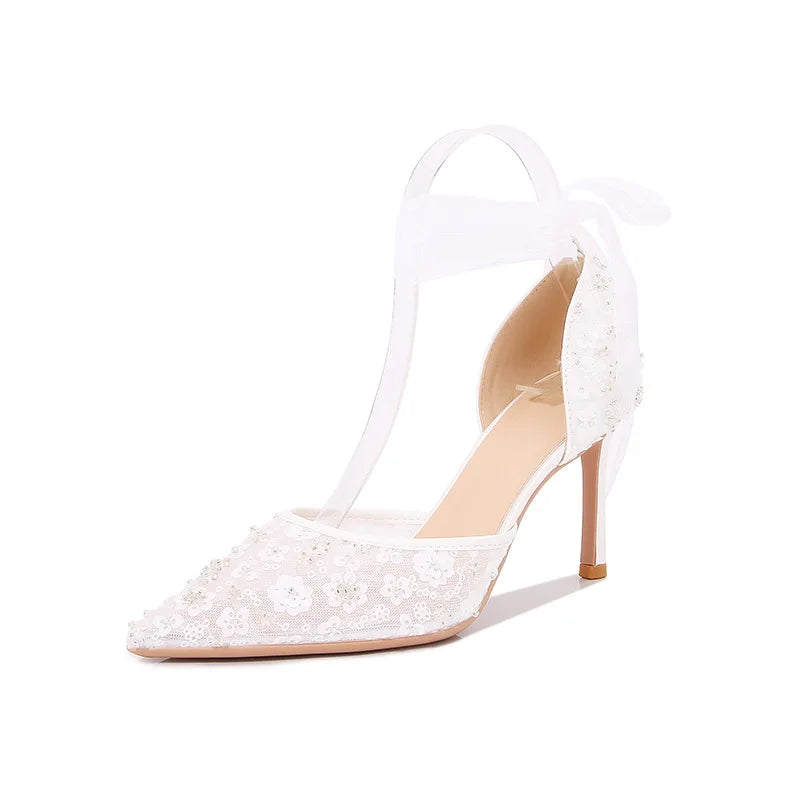 French Beaded Hollow Sandals Women's White Lace Strap Pointed High Heel Main Wedding Shoes