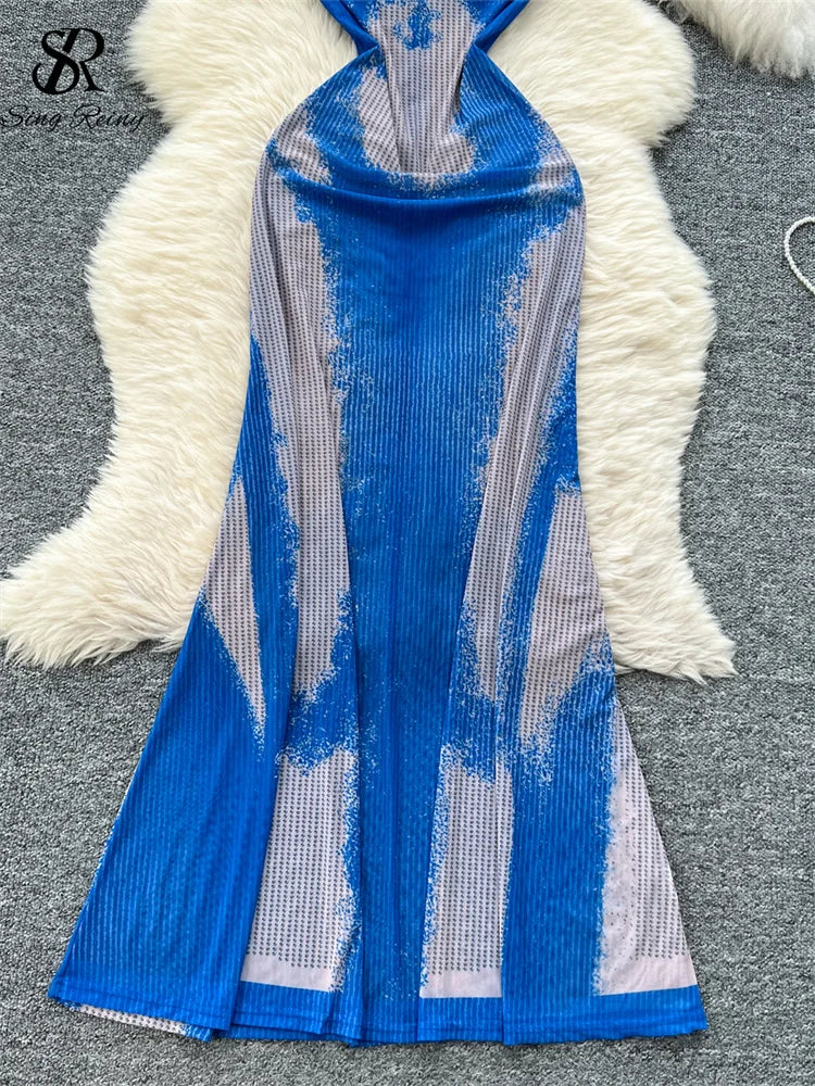 SINGREINY Sexy Beach Party Long Dress Diamonds Print Straps Backless Slim Fit Sundress Women Summer Mesh Bodycon Evening Dress