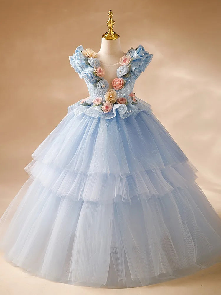 Blue Flower Girl Dresses Pageant Gown for Wedding 3D Floral Appliques Sequins Ruffles Birthday Party First Communion Gowns
