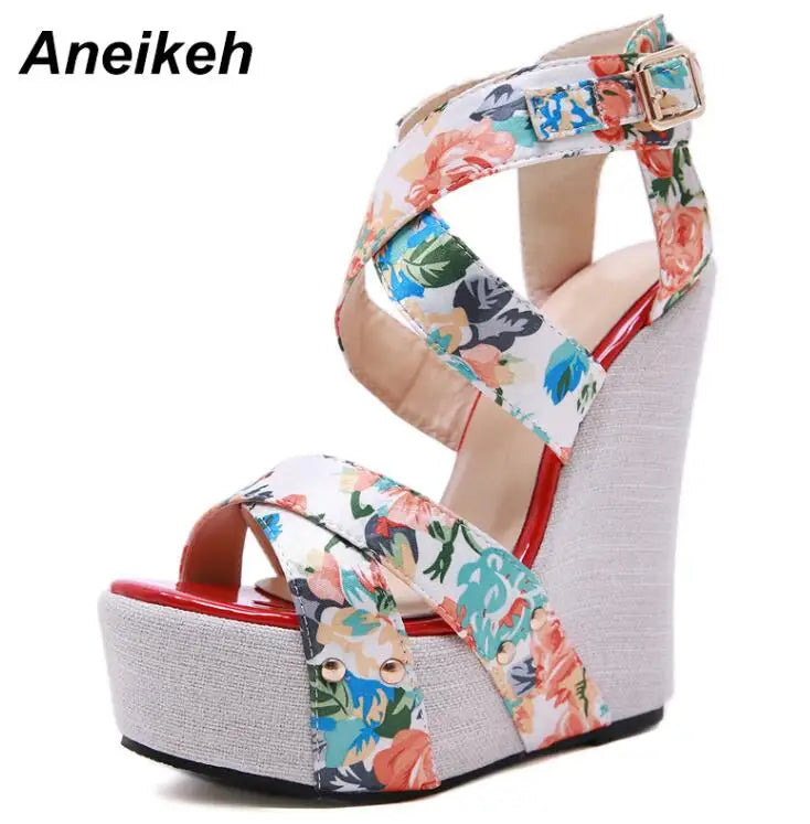 Aneikeh Women Wedges Sandals Summer Platform Sandals High Heels Shoes Ankle Strap Designer Silk Print Footwear Sandals Pumps