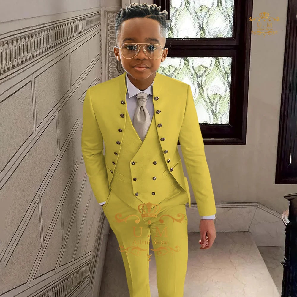 khaki boy's suit 3-piece set in khaki full open top jacket vest pants custom tuxedo for children wedding birthday cocktail party