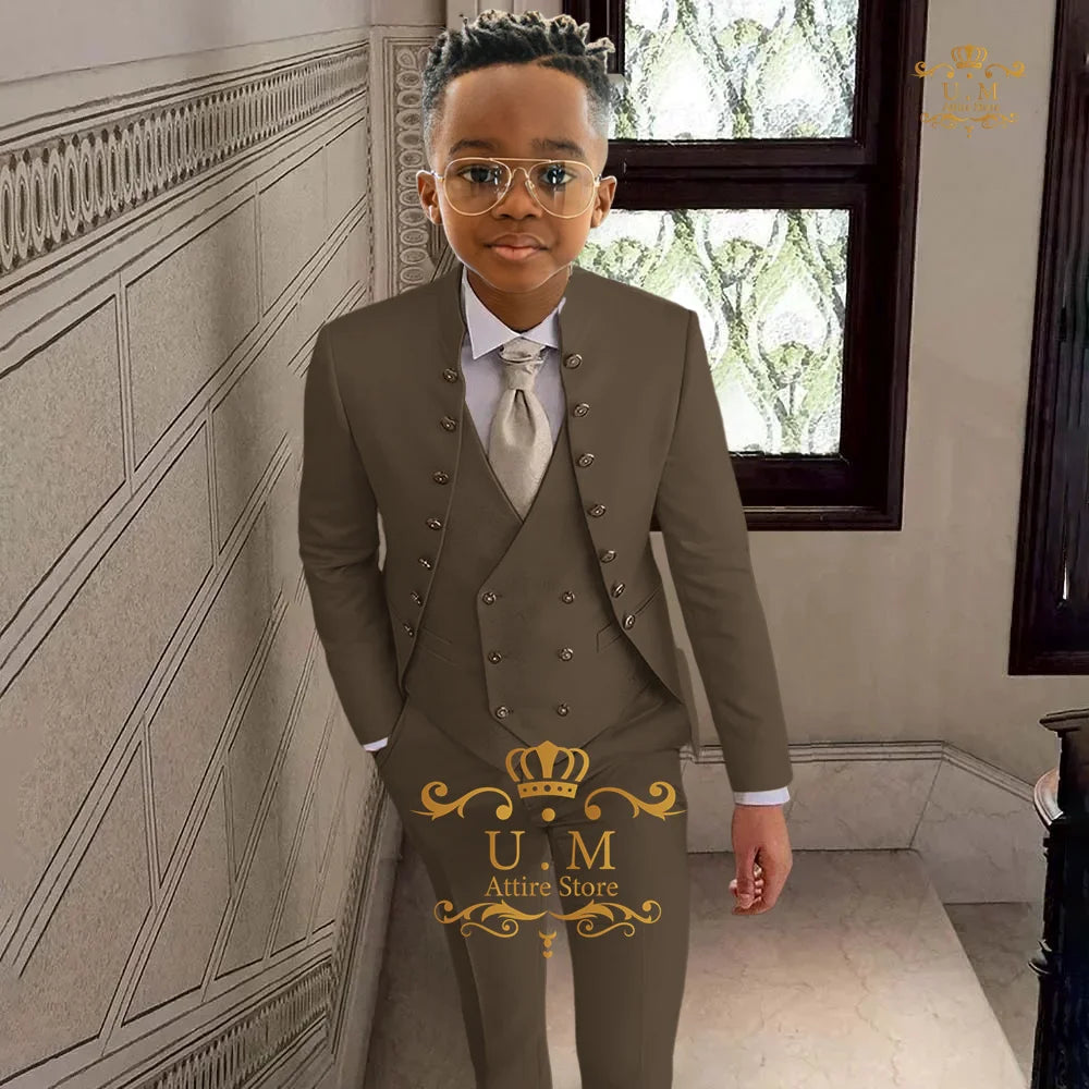 khaki boy's suit 3-piece set in khaki full open top jacket vest pants custom tuxedo for children wedding birthday cocktail party