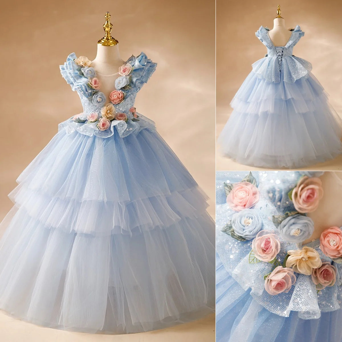 Blue Flower Girl Dresses Pageant Gown for Wedding 3D Floral Appliques Sequins Ruffles Birthday Party First Communion Gowns