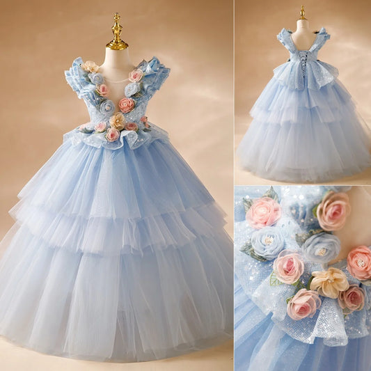 Blue Flower Girl Dresses Pageant Gown for Wedding 3D Floral Appliques Sequins Ruffles Birthday Party First Communion Gowns