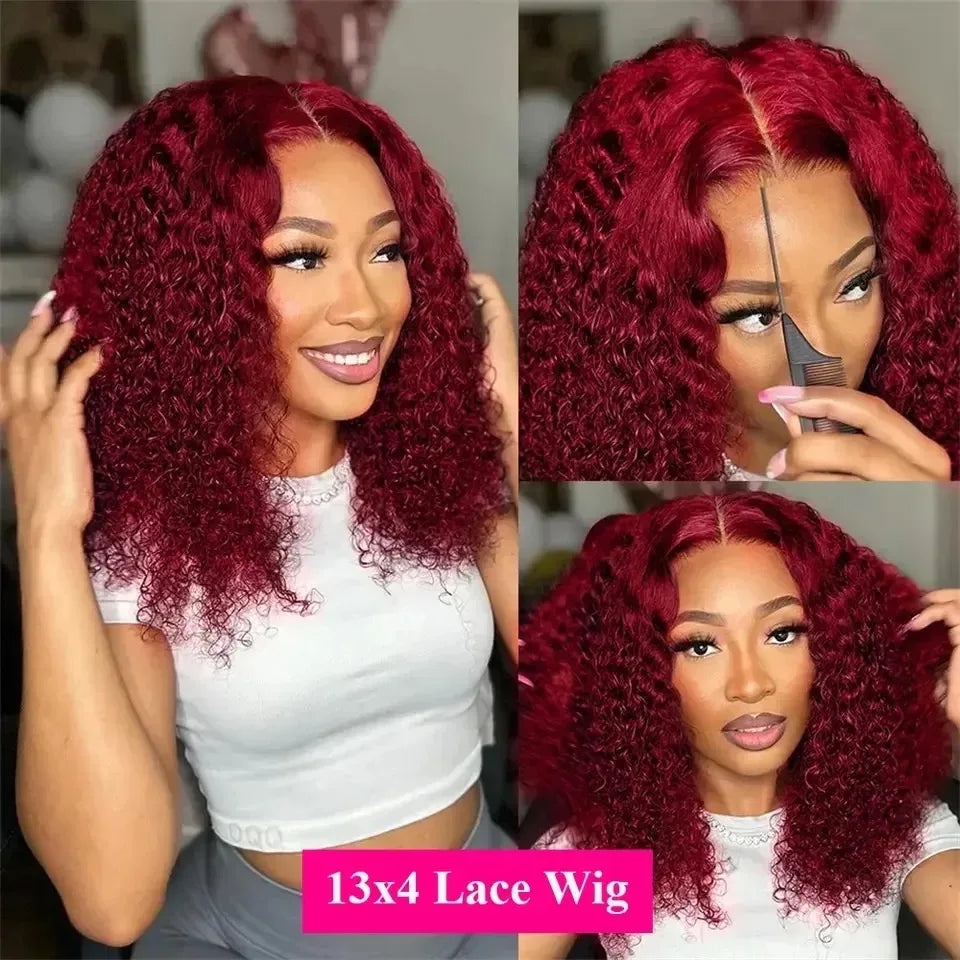 Short Bob Blunt Cut Deep Curly 99J Red Burgundy Color 13X4 HD Lace Frontal Synthetic Wigs Glueless Wig Preplucked With Baby Hair