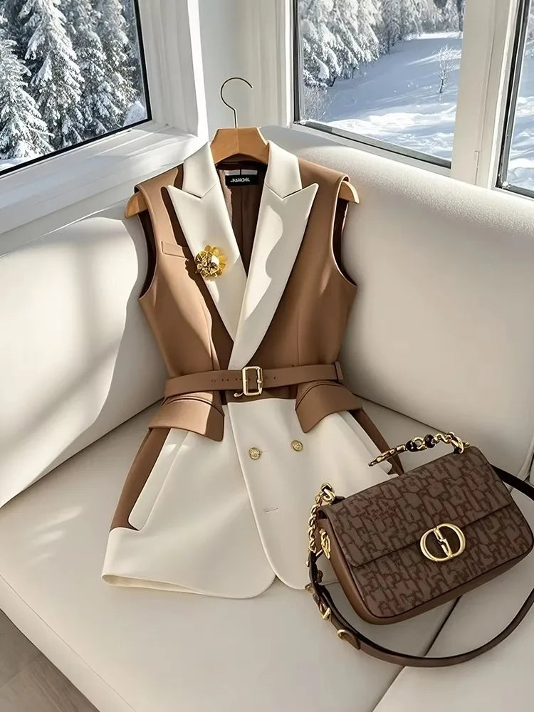 Spring Summer Jacket Vest Color Block Coffee Sleeveless Blazers Waistcoat Retro Female Outerwear All-match Fashion Office Lady