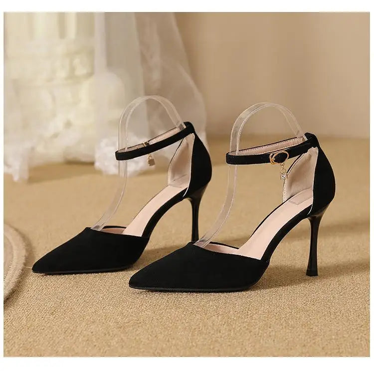 Small Size 30-44 Women High Heel Shoes Suede Thin Heels Ankle Strap Solid Color Point Toe Black Shoes