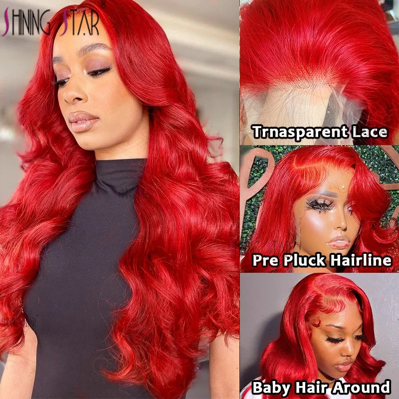 13X6 Body Wave Lace Front Wig Burgundy Colored Red Lace Front Human Hair Wigs Curly Peruvian 13x4 HD Lace Frontal Wig 30 34 Inch