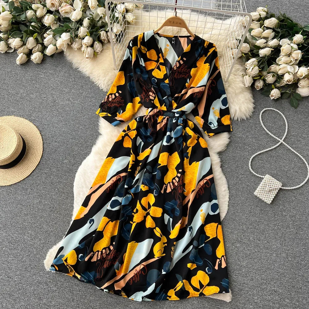 Summer Holiday Floral Beach Wrap Dress Women V Neck Short Sleeves Chic A Line Dress Bohemian Vintage Print Long Dress