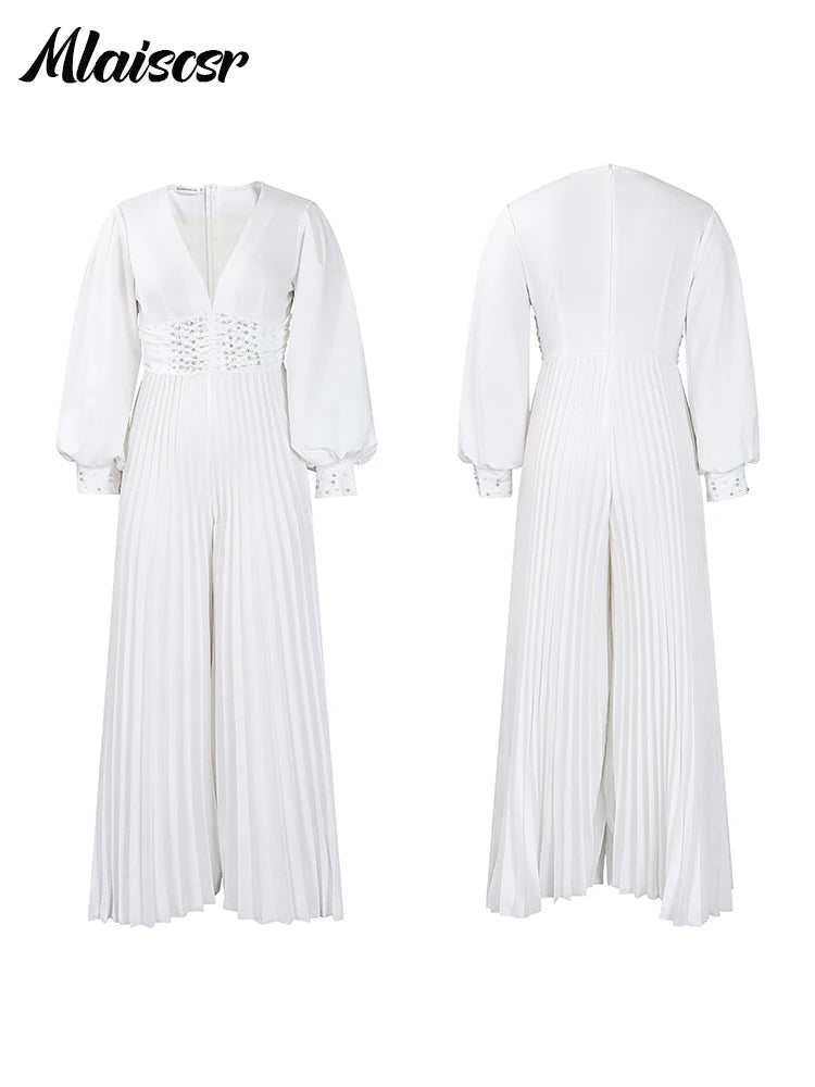 Mlaiscsr Elegant Evening Party Jumpsuit Long Sleeved Waist Pearl Bead Mesh Loose Wide Leg Pleated Long Dinner One Pieces Rompers