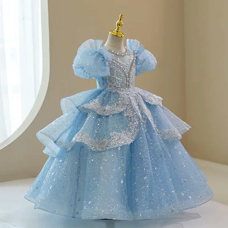Baby Girl Princess Dress Sequin Party Dresses For Children Puff Sleeves Clothing Classy Flower Girls Costume For Wedding