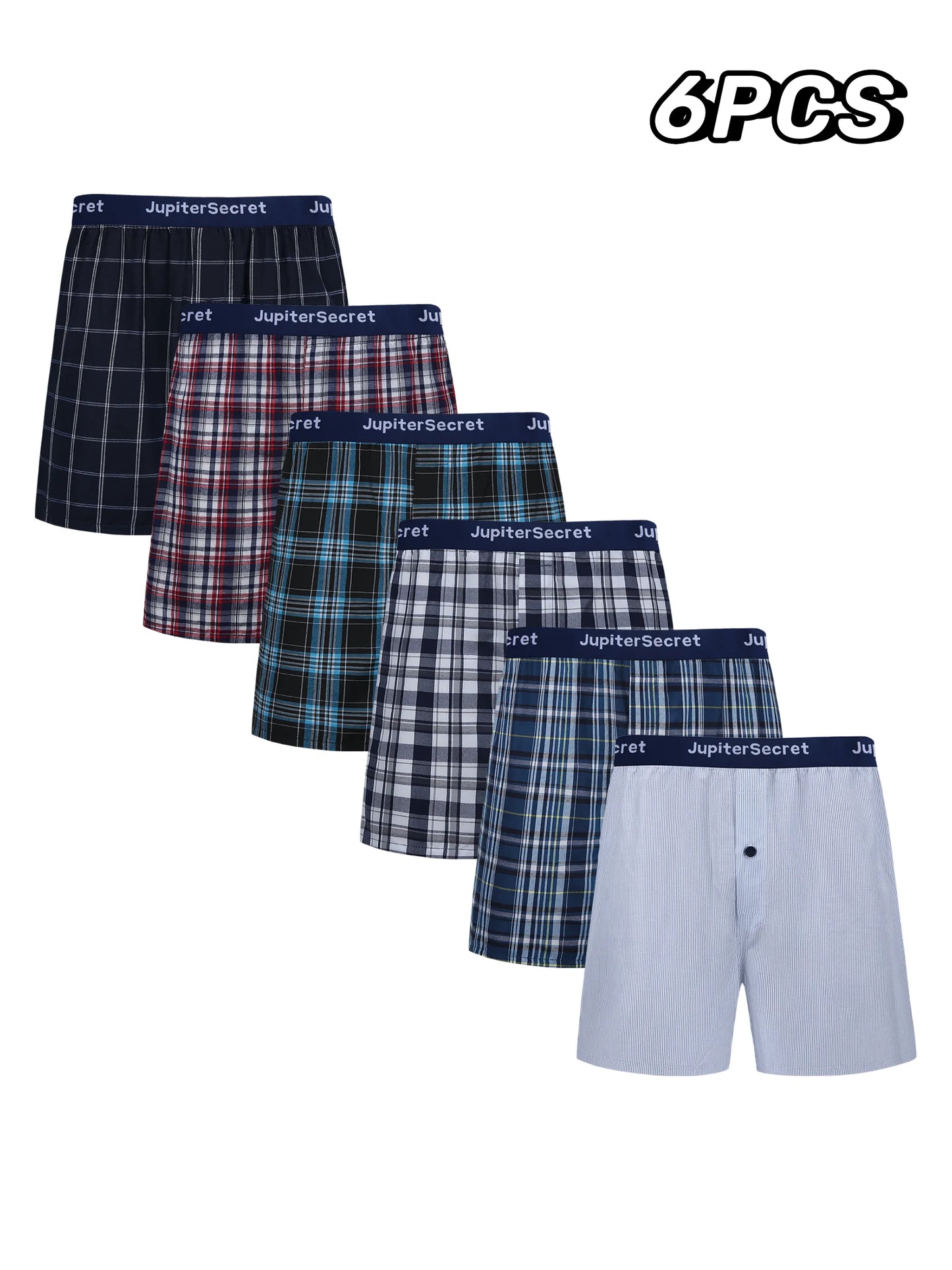 JupiterSecret 6 Pcs Boxer Shorts Casual Plaid Elastic Waistband Button Mens Boxer Underwear Woven Shorts For Home Random Color