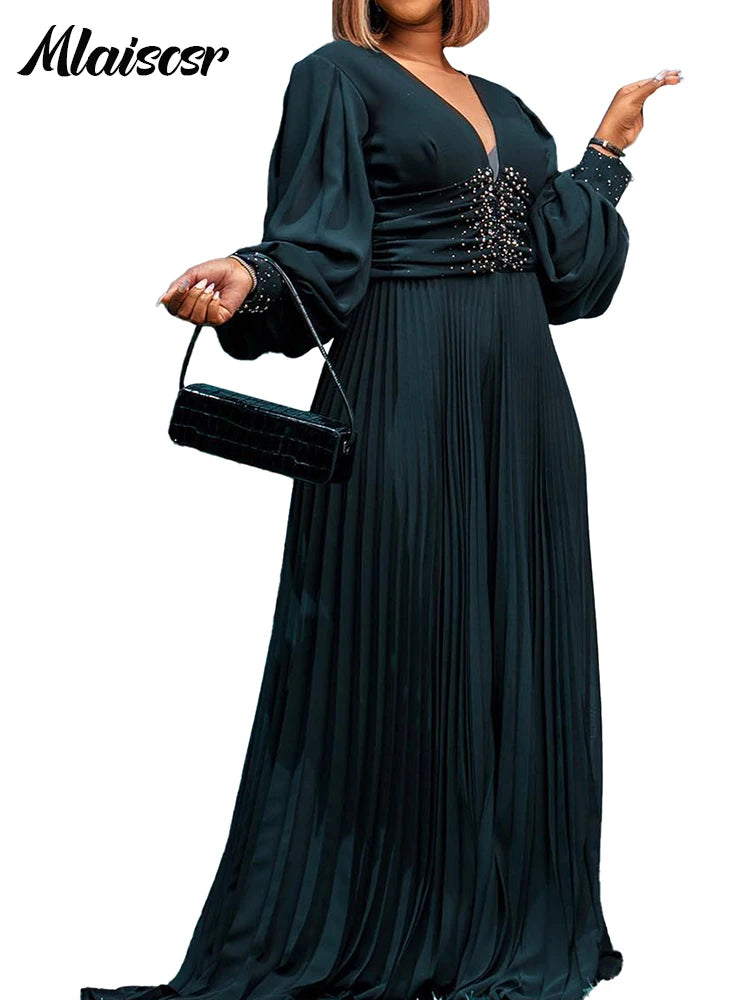 Mlaiscsr Elegant Evening Party Jumpsuit Long Sleeved Waist Pearl Bead Mesh Loose Wide Leg Pleated Long Dinner One Pieces Rompers