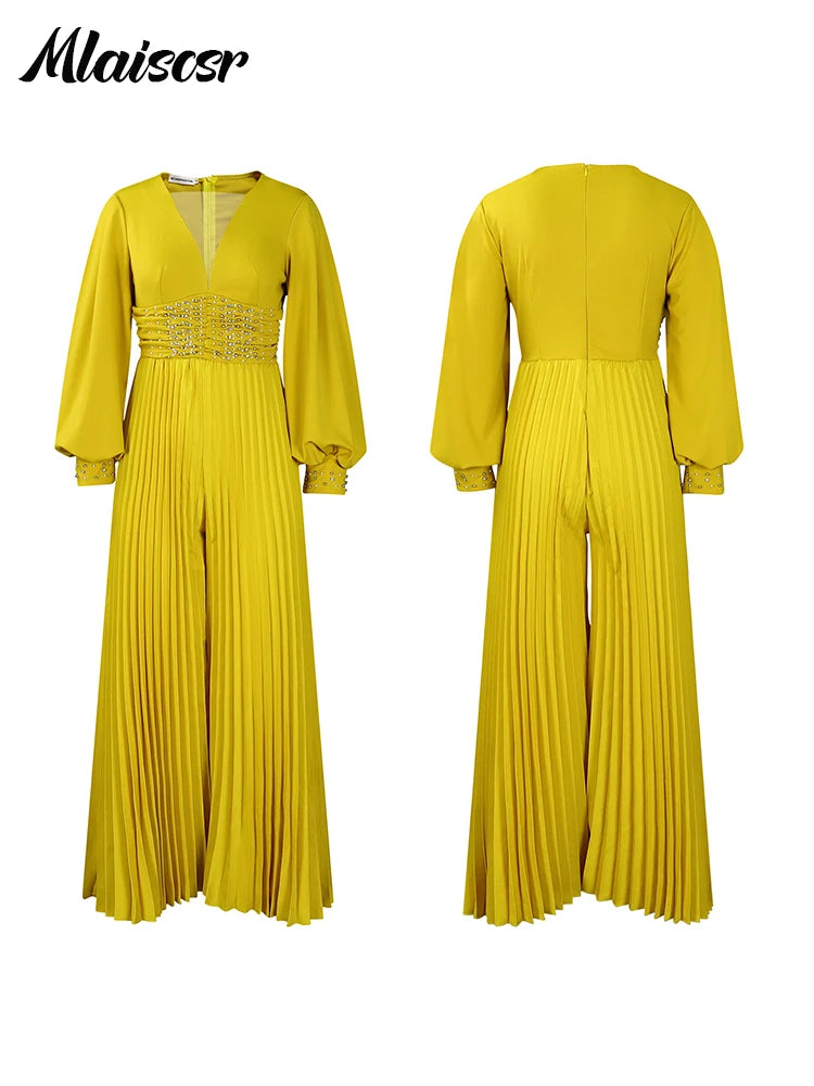 Mlaiscsr Elegant Evening Party Jumpsuit Long Sleeved Waist Pearl Bead Mesh Loose Wide Leg Pleated Long Dinner One Pieces Rompers