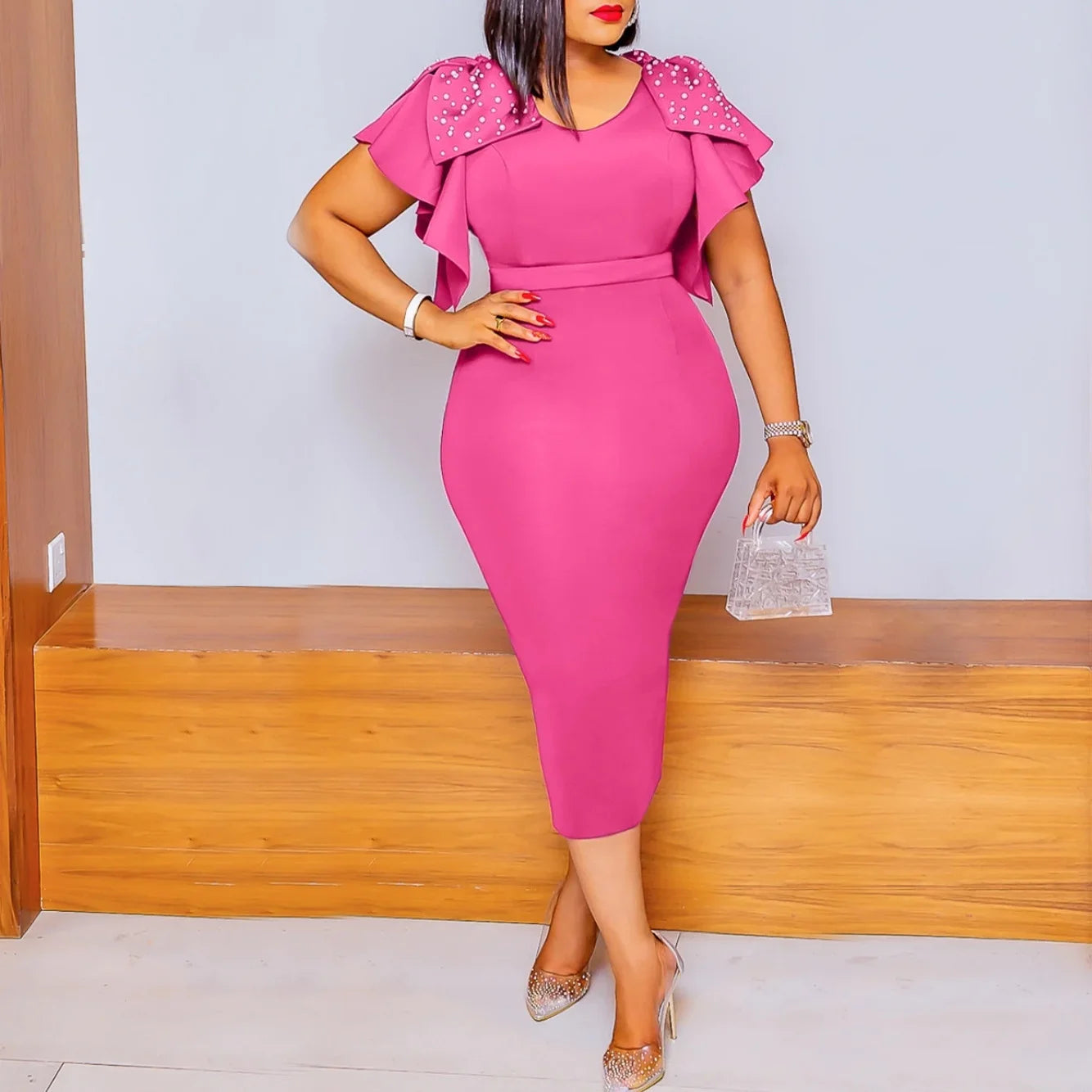 2023 Summer Fashionable Women Leaf Edge Dress High Waist Pure Color Trendy Zipper Closure Short Sleeve Dress