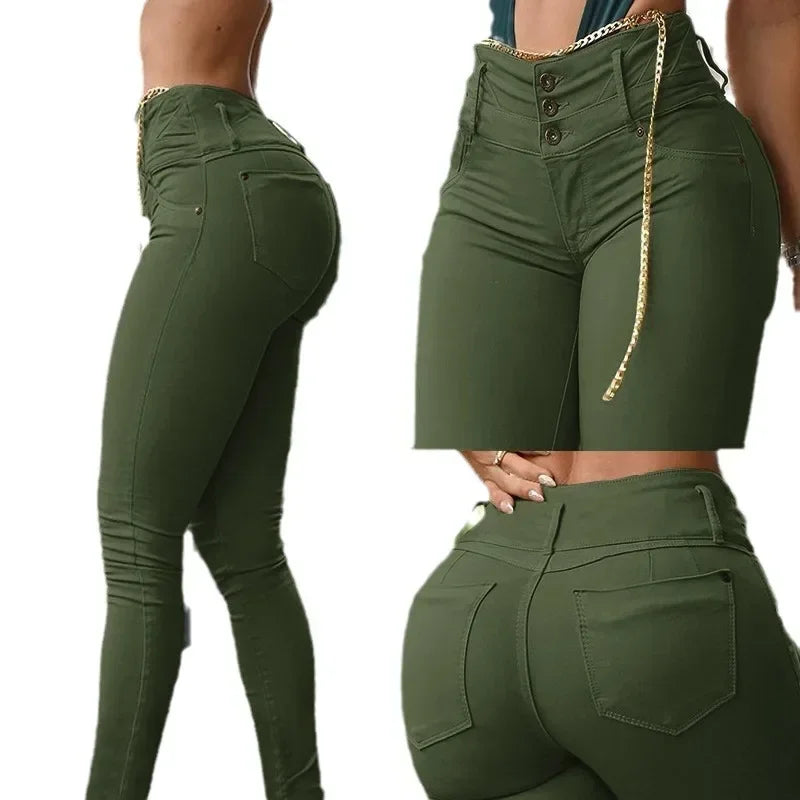 Women Pants Solid Color Pencil Pants Zipper Fly Slim Fit Flat Streetwear High Waist Pockets Sexy Sheath Autumn 2023 Button