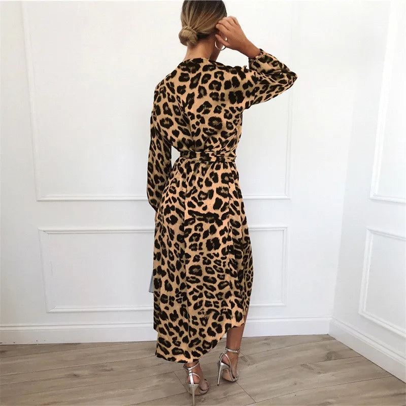 Leopard Print Slimming Dresses Women Spring Fall Long Sleeve Spliced Folds Side Split Elegant Dresses Female Vestidos Midi Dress