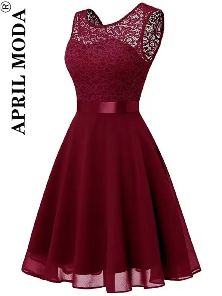 2025 Pink White Lace Chiffon Swing Dresses for Women Elegant Peplum High Waist Purple Sleeveless Party Robe Female A Line Dress