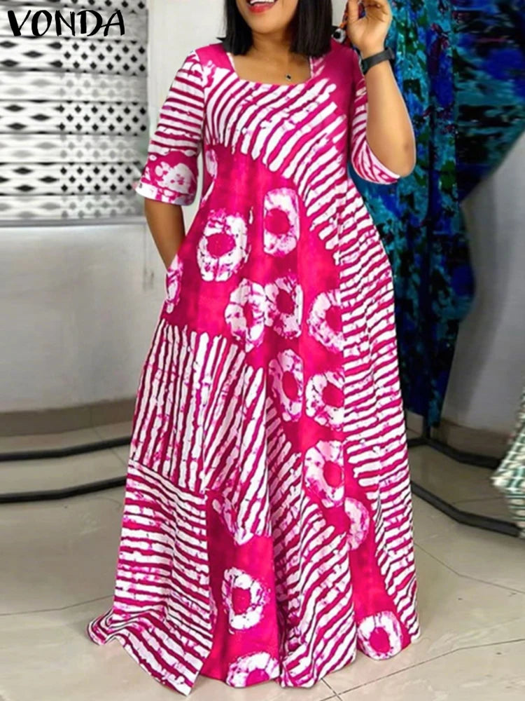 Plus Size Women Bohemian Maxi Dress 2025 Summer Printed Long Sundress VONDA Beach Party Vestidos Half Sleeve Casual Loose Robe