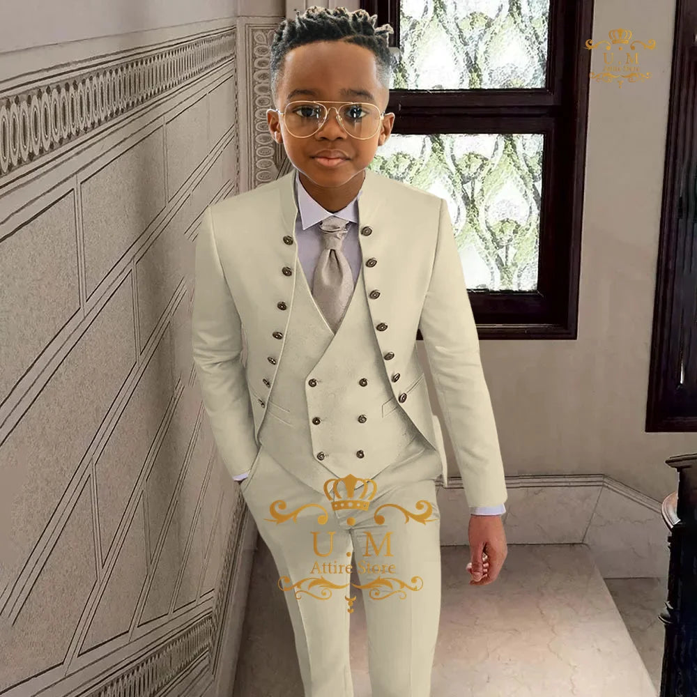 khaki boy's suit 3-piece set in khaki full open top jacket vest pants custom tuxedo for children wedding birthday cocktail party