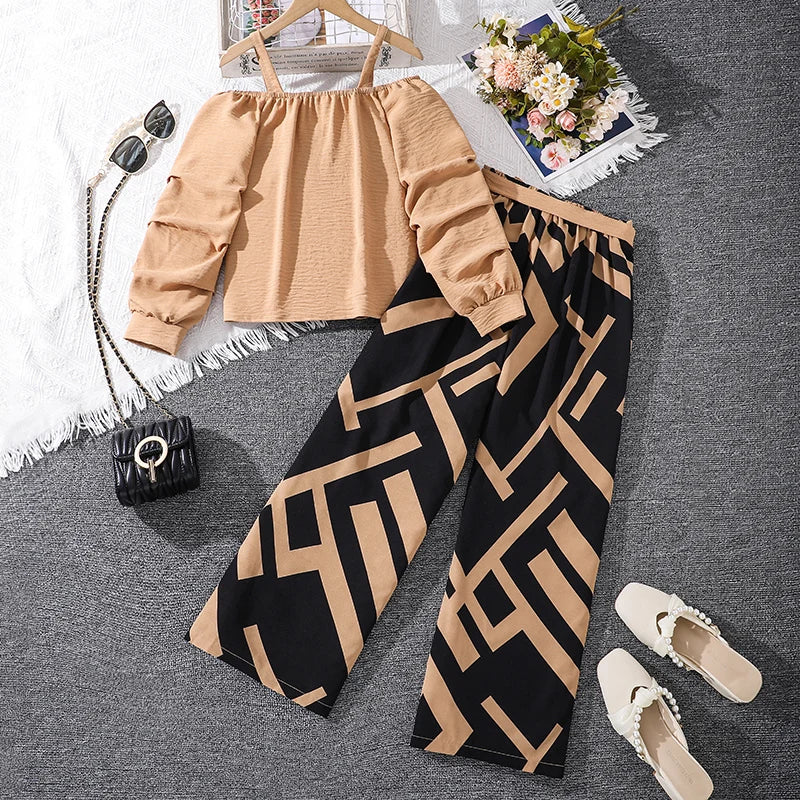 Kids Clothing Sets For Girls Khaki Off-shoulder Long sleeve Top & Stripe Printing Pants Summer Resort Style Children Suits OOTD