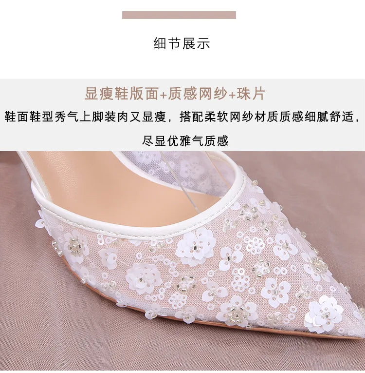 French Beaded Hollow Sandals Women's White Lace Strap Pointed High Heel Main Wedding Shoes