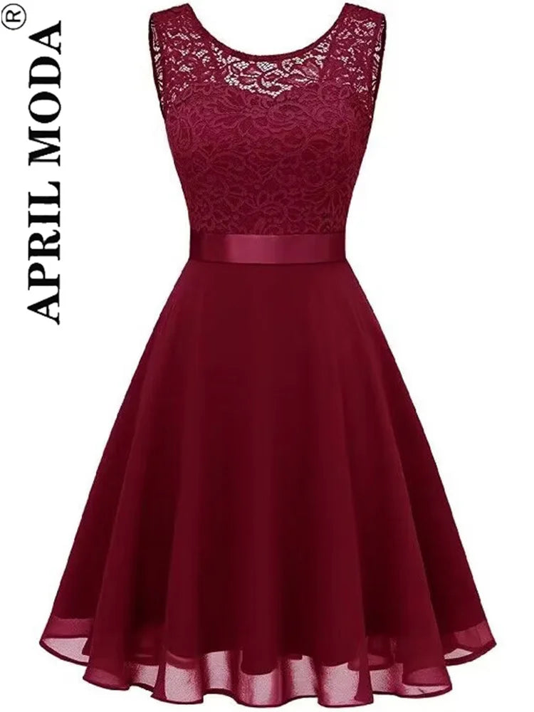 2025 Pink White Lace Chiffon Swing Dresses for Women Elegant Peplum High Waist Purple Sleeveless Party Robe Female A Line Dress