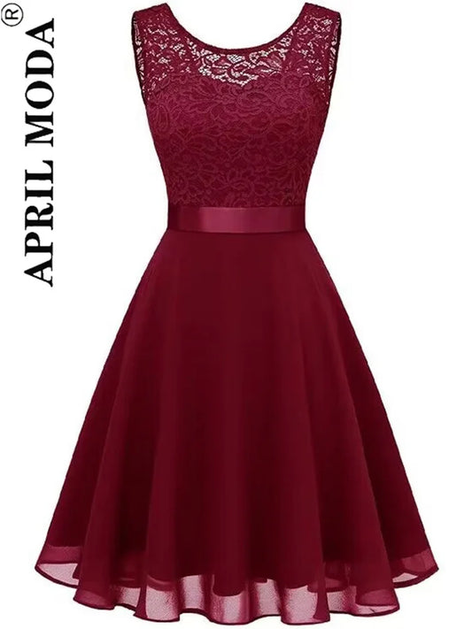 2025 Pink White Lace Chiffon Swing Dresses for Women Elegant Peplum High Waist Purple Sleeveless Party Robe Female A Line Dress