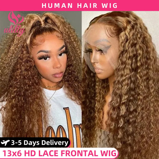 HD 13x6 Highlight Wig Human Hair Honey Blonde Curly Lace Front Wig Colored Human Hair Wigs Real Brown Deep Wave Lace Frontal Wig