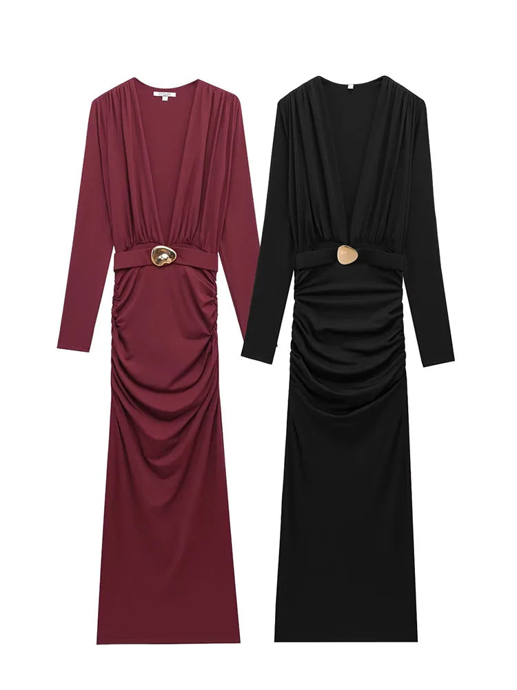 TRAFZA Women Spring New Sexy Deep V-neck Inlaid Belt Long Sleeve Slim Dress Female Temperature Evening Dress Pleated Long Dress