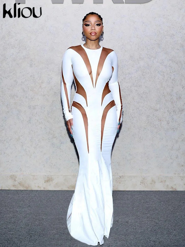 kliou Autumn Women Milk Silk Patchwork Maxi Dress Long Sleeve Round-Neck Skinny Robe Female Elegant New Classic Evening Vestido