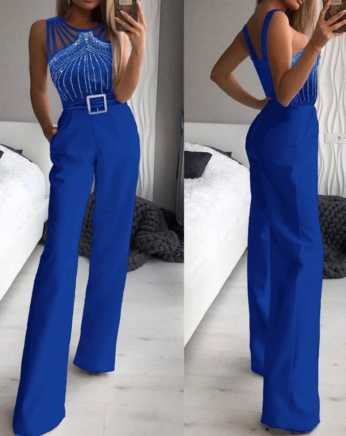Elegant Jumpsuit for Women Party Summer Casual Rhinestone Sheer Mesh Sleeveless Jumpsuits Skinny Outfits Fashion Ladies Suit